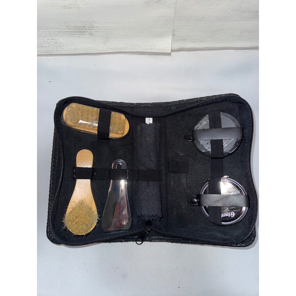 Giant Shoe Shine Kit Travel Set Black Snakeskin‎ Case Polish Brushes Shoe Horn